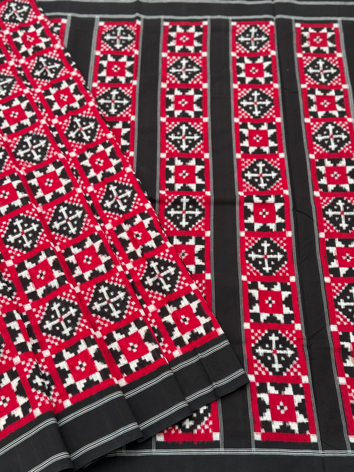 Red and black Telia Rumal double ikkat cotton saree