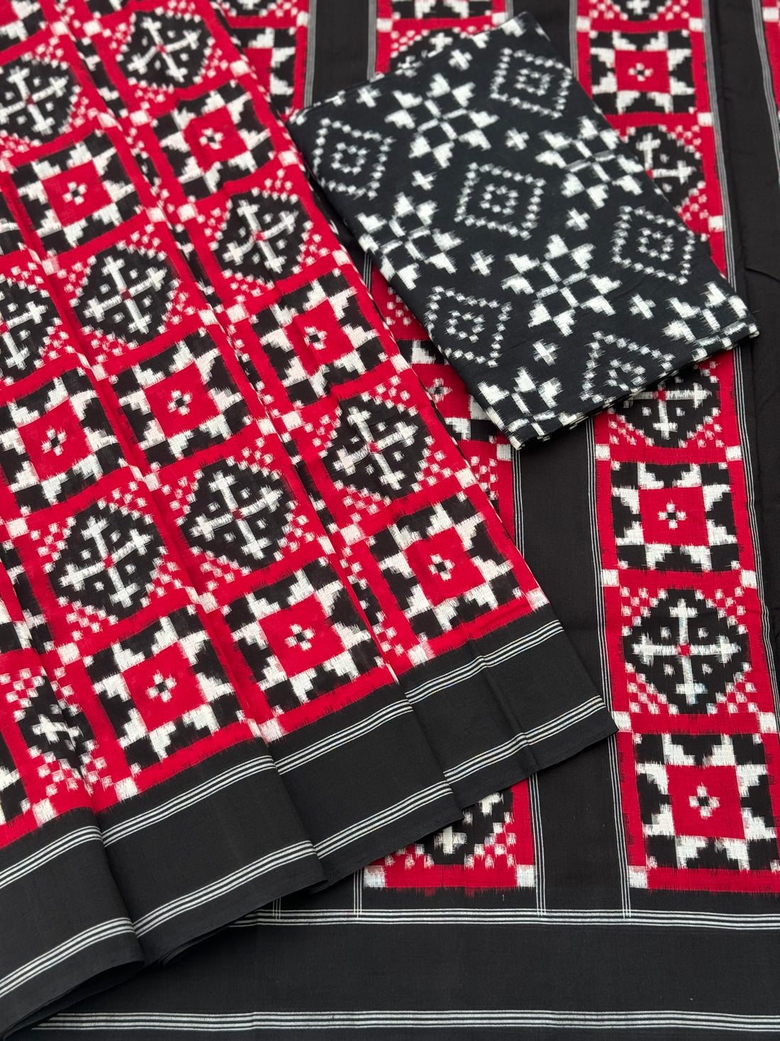 Red and black Telia Rumal double ikkat cotton saree