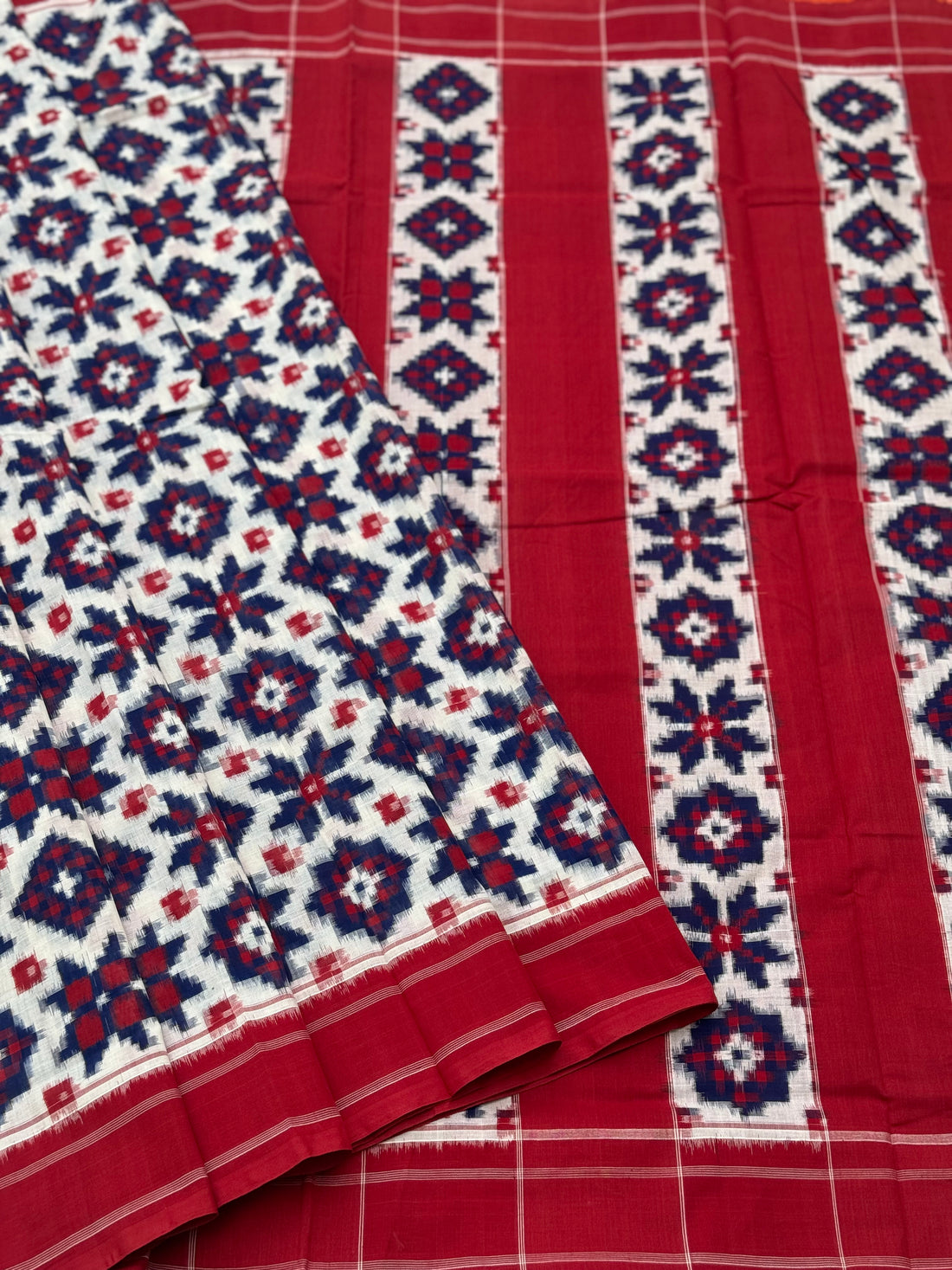 Blue white and red Telia Rumal double ikkat cotton saree