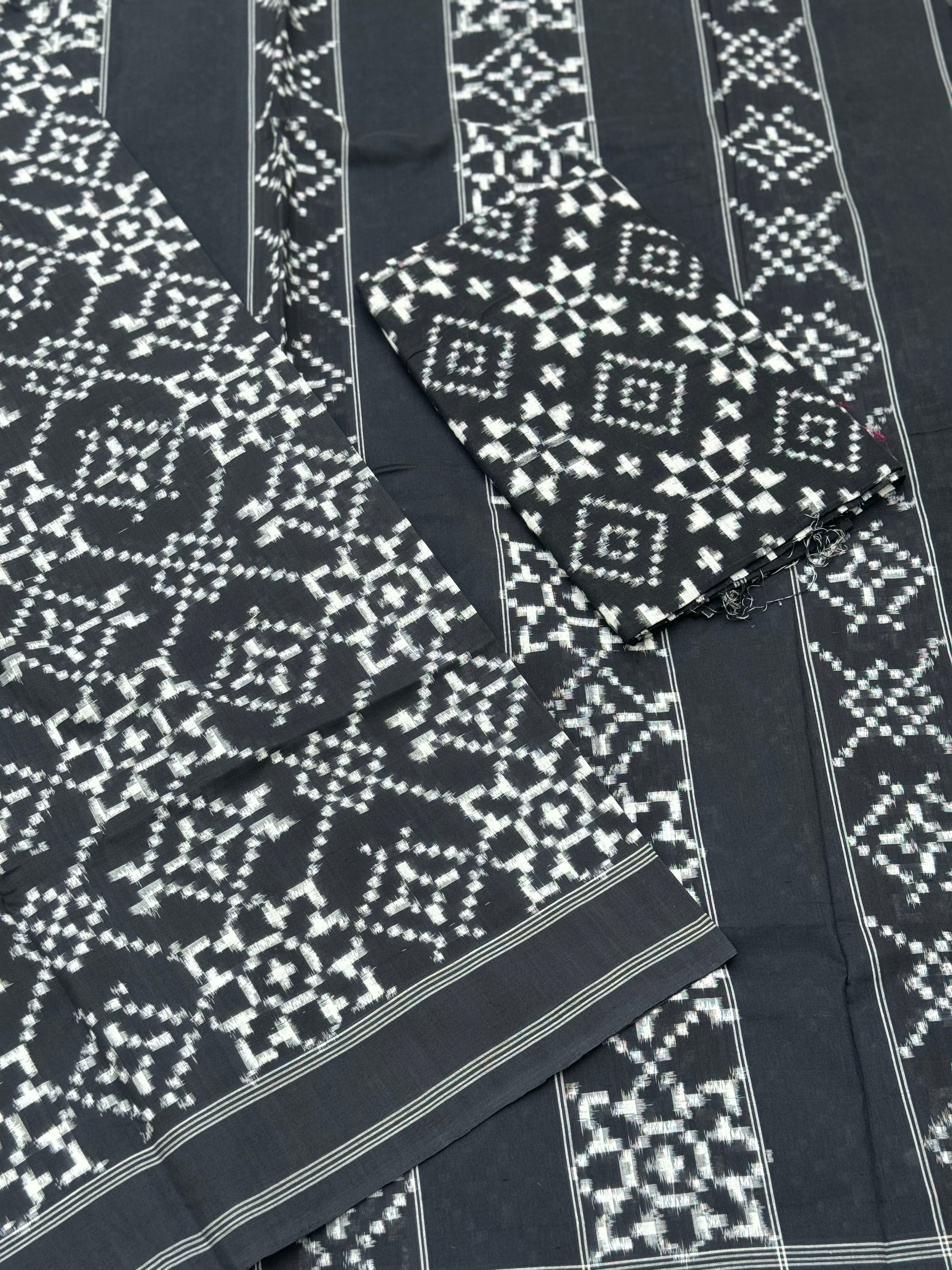 Black and white floral Telia Rumal double ikkat cotton saree