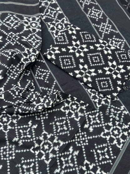 Black and white floral Telia Rumal double ikkat cotton saree