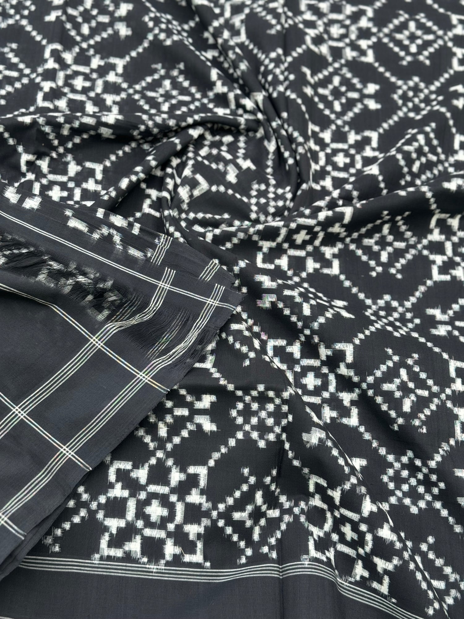 Black and white floral Telia Rumal double ikkat cotton saree
