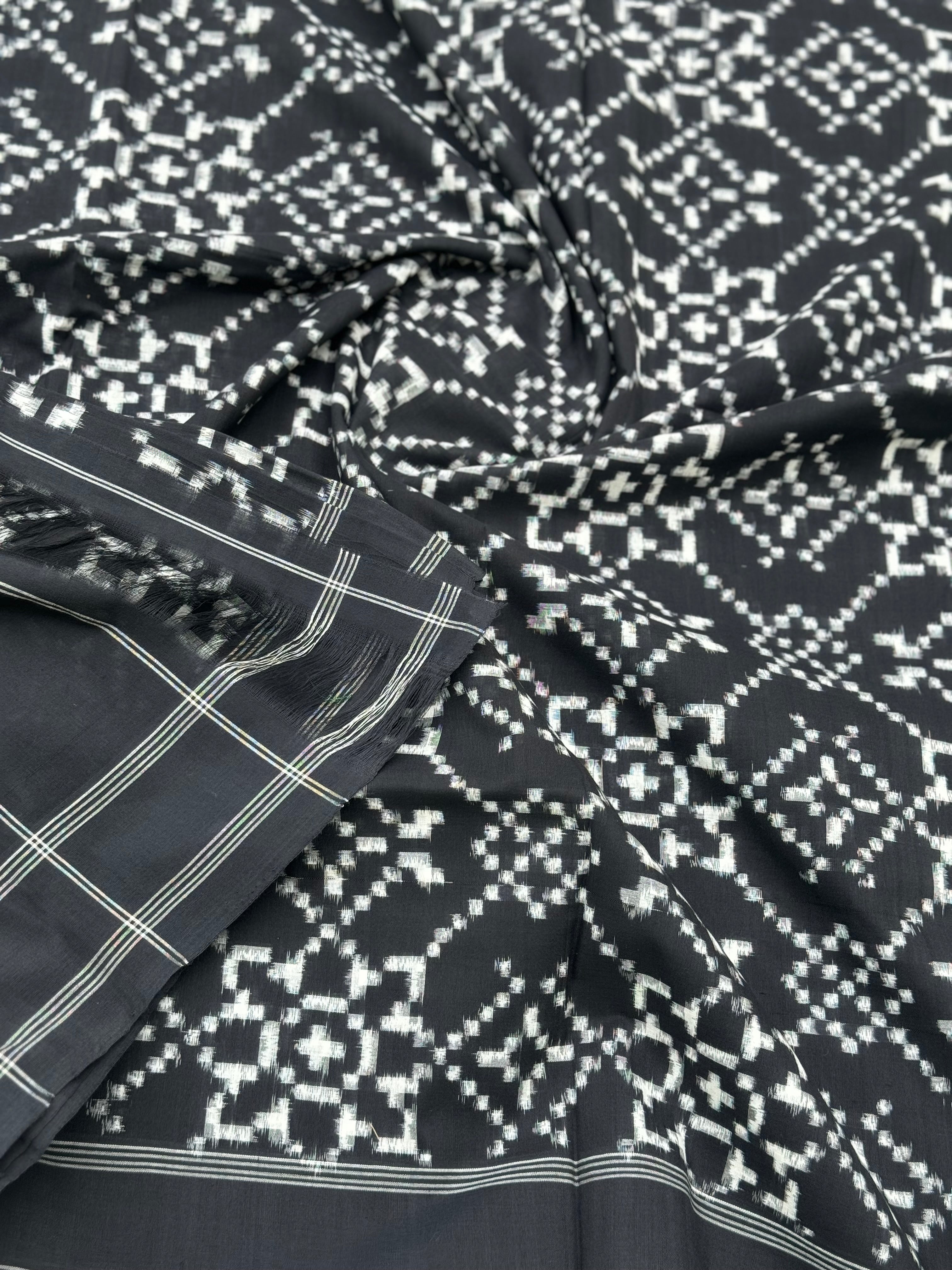 Black and white floral Telia Rumal double ikkat cotton saree
