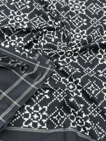 Black and white floral Telia Rumal double ikkat cotton saree