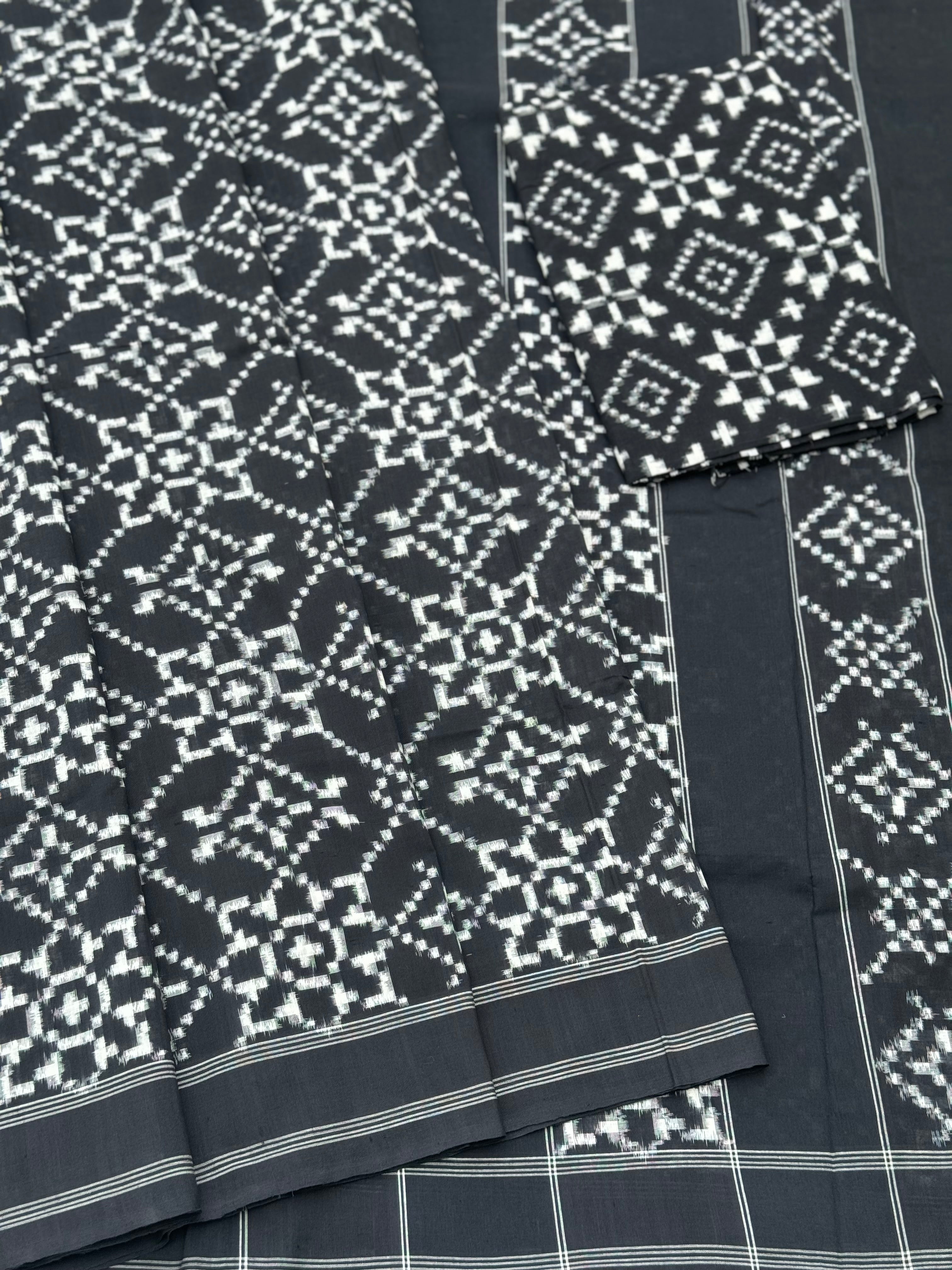 Black and white floral Telia Rumal double ikkat cotton saree
