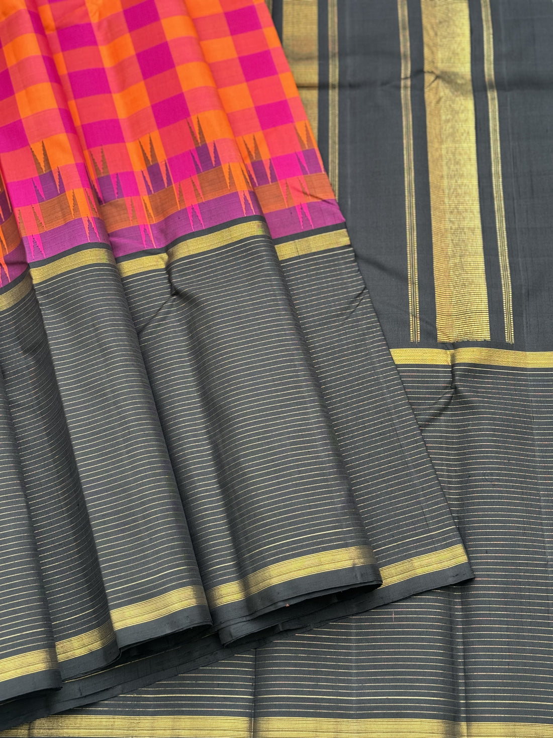 Handwoven Pure Arani Korvai Silk with colourful pink yellow red kattam checkers pattern