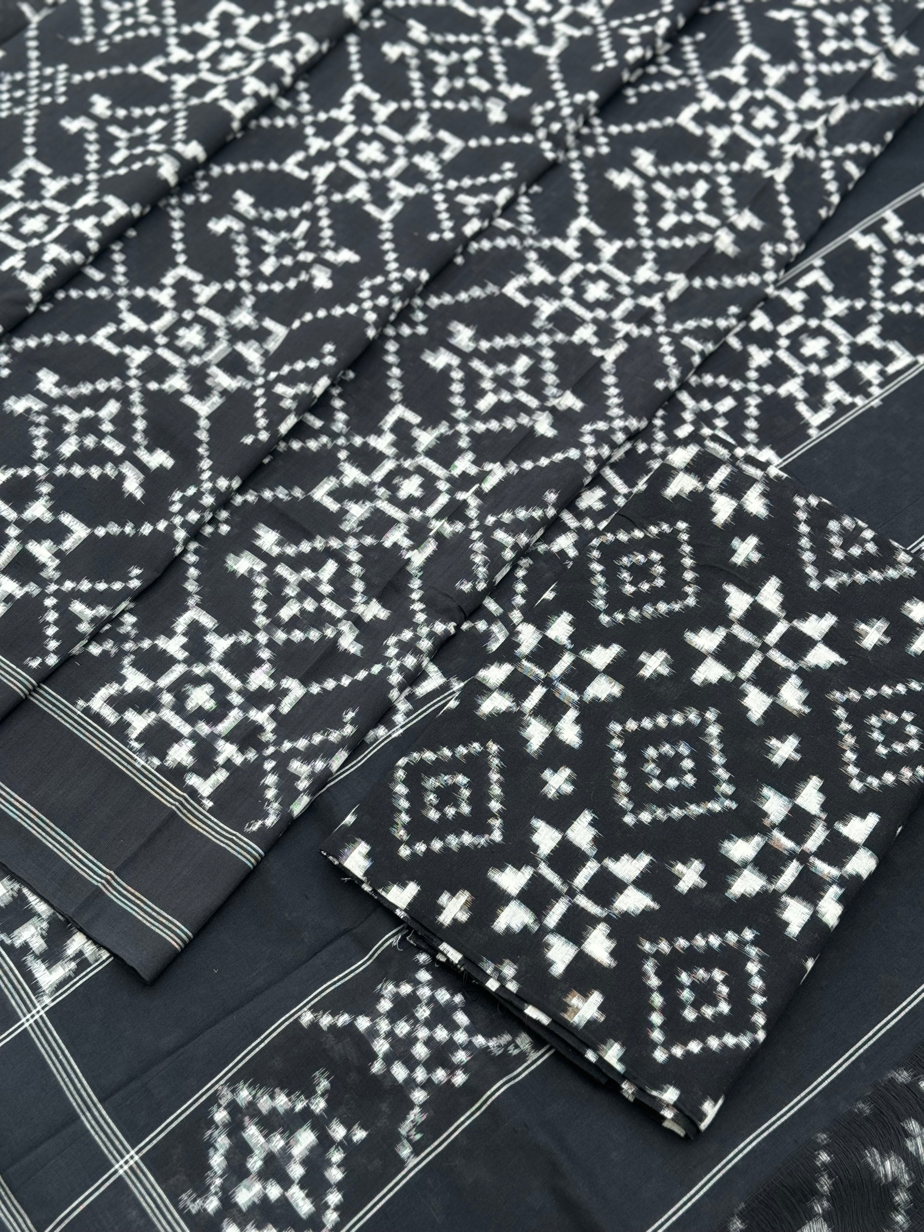 Black and white floral Telia Rumal double ikkat cotton saree