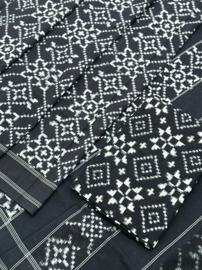 Black and white floral Telia Rumal double ikkat cotton saree
