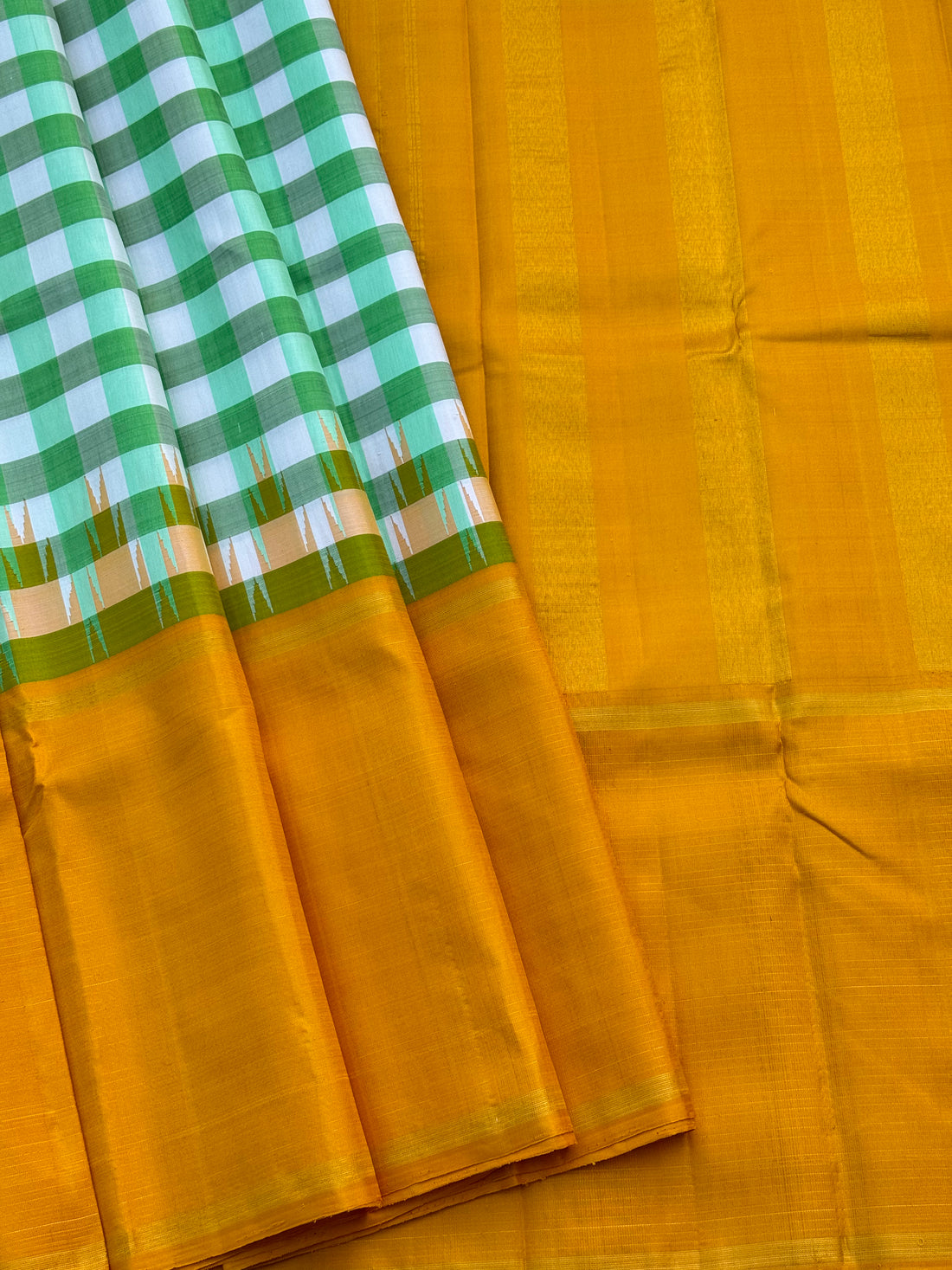 Handwoven Pure Arani Korvai Silk With pastel green white kattam aka checkers pattern