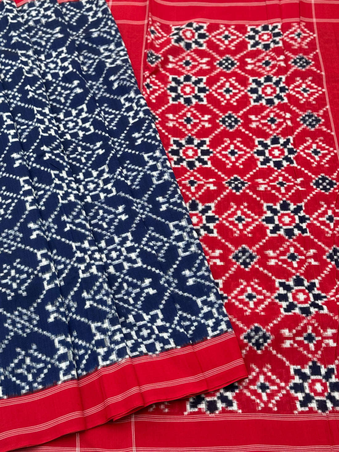 Blue and Red floral Telia Rumal double ikkat cotton saree