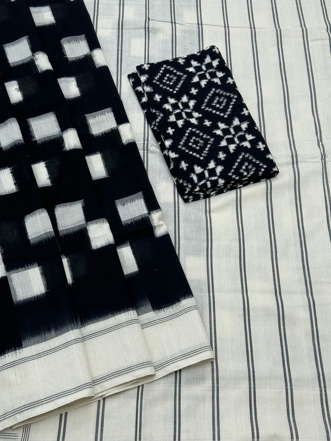 Contemporary Black and white double ikkat cotton saree