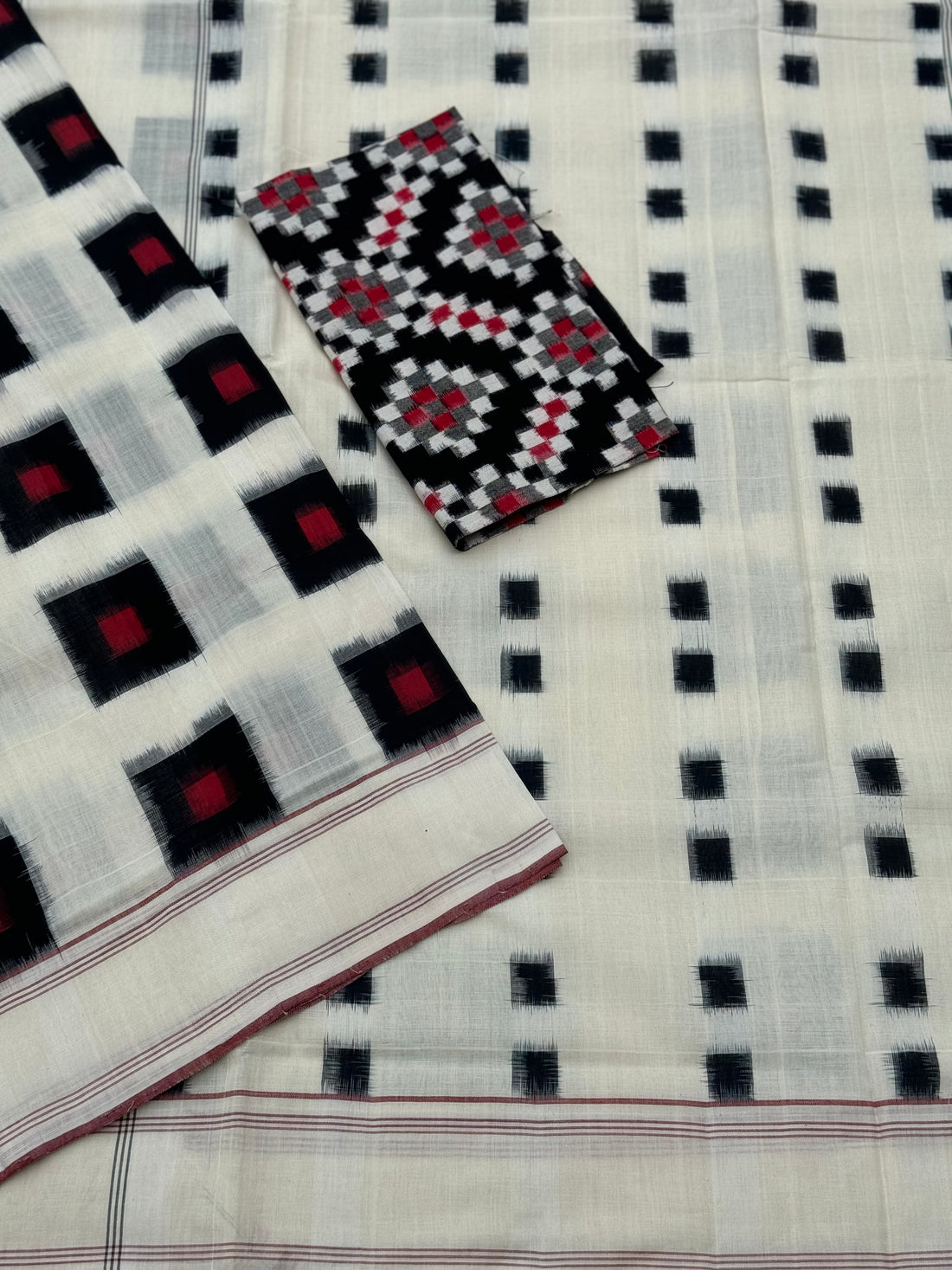 black red and white double ikkat cotton saree