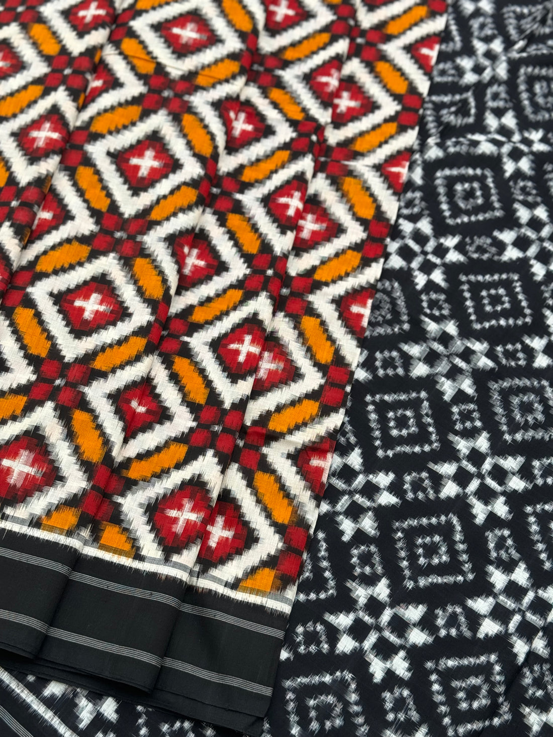 Black red yellow Telia Rumal double ikkat cotton saree