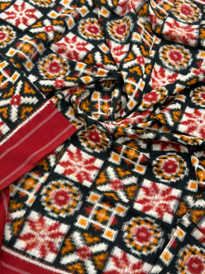 Green red yellow Telia Rumal double ikkat cotton saree