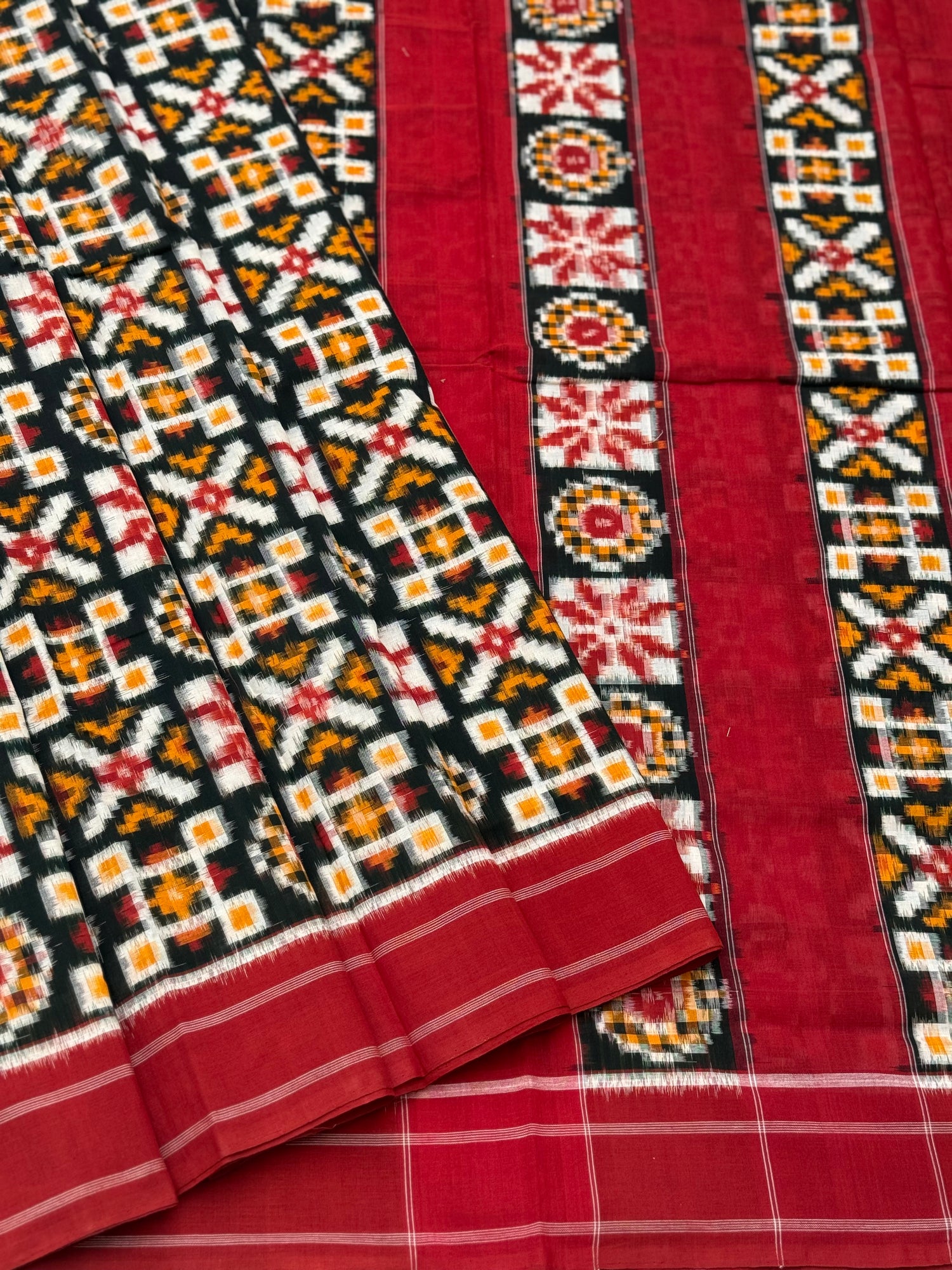 Green red yellow Telia Rumal double ikkat cotton saree