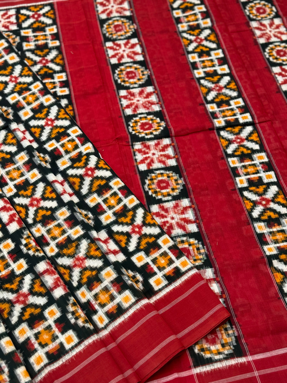 Green red yellow Telia Rumal double ikkat cotton saree