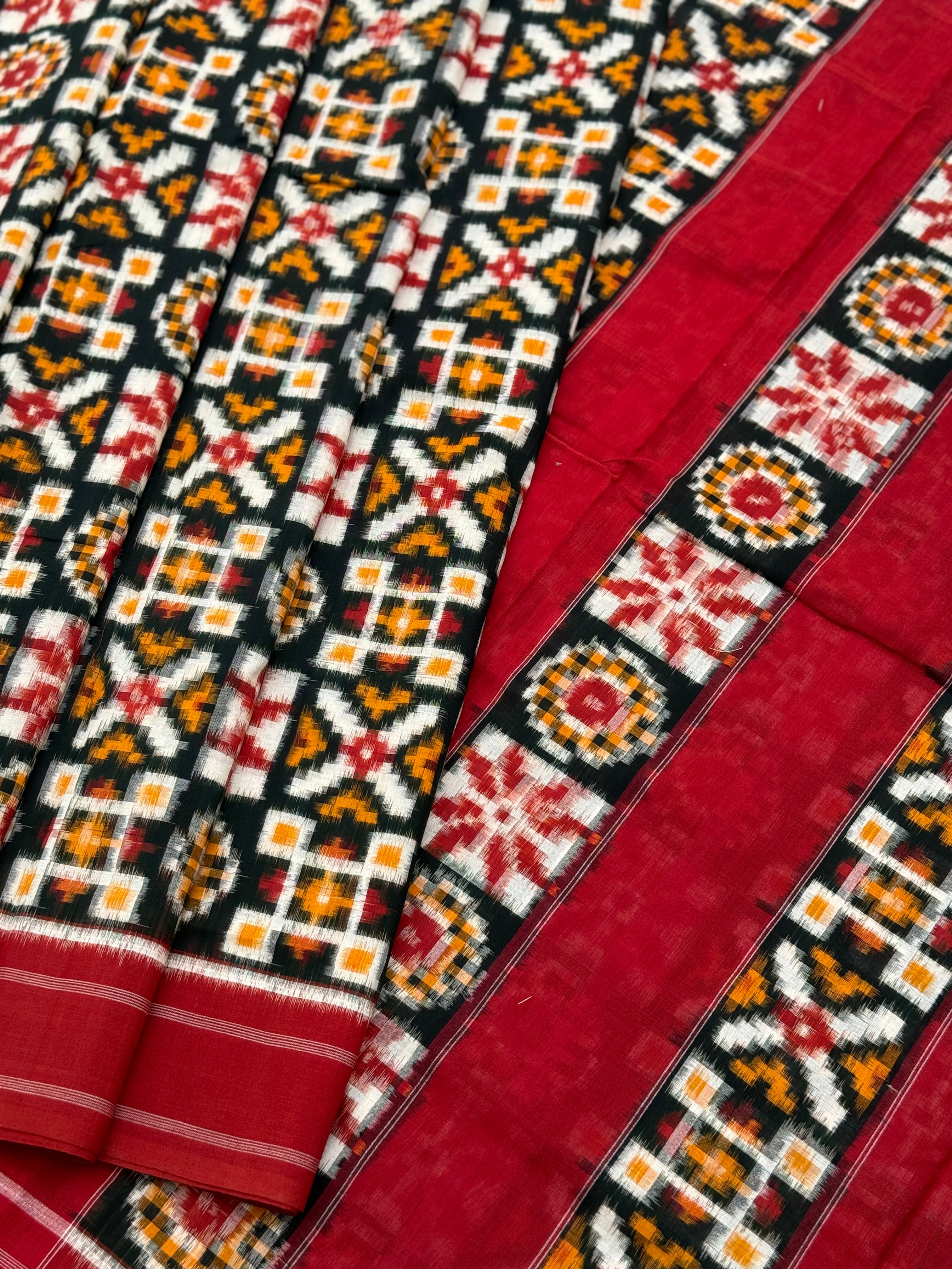 Green red yellow Telia Rumal double ikkat cotton saree