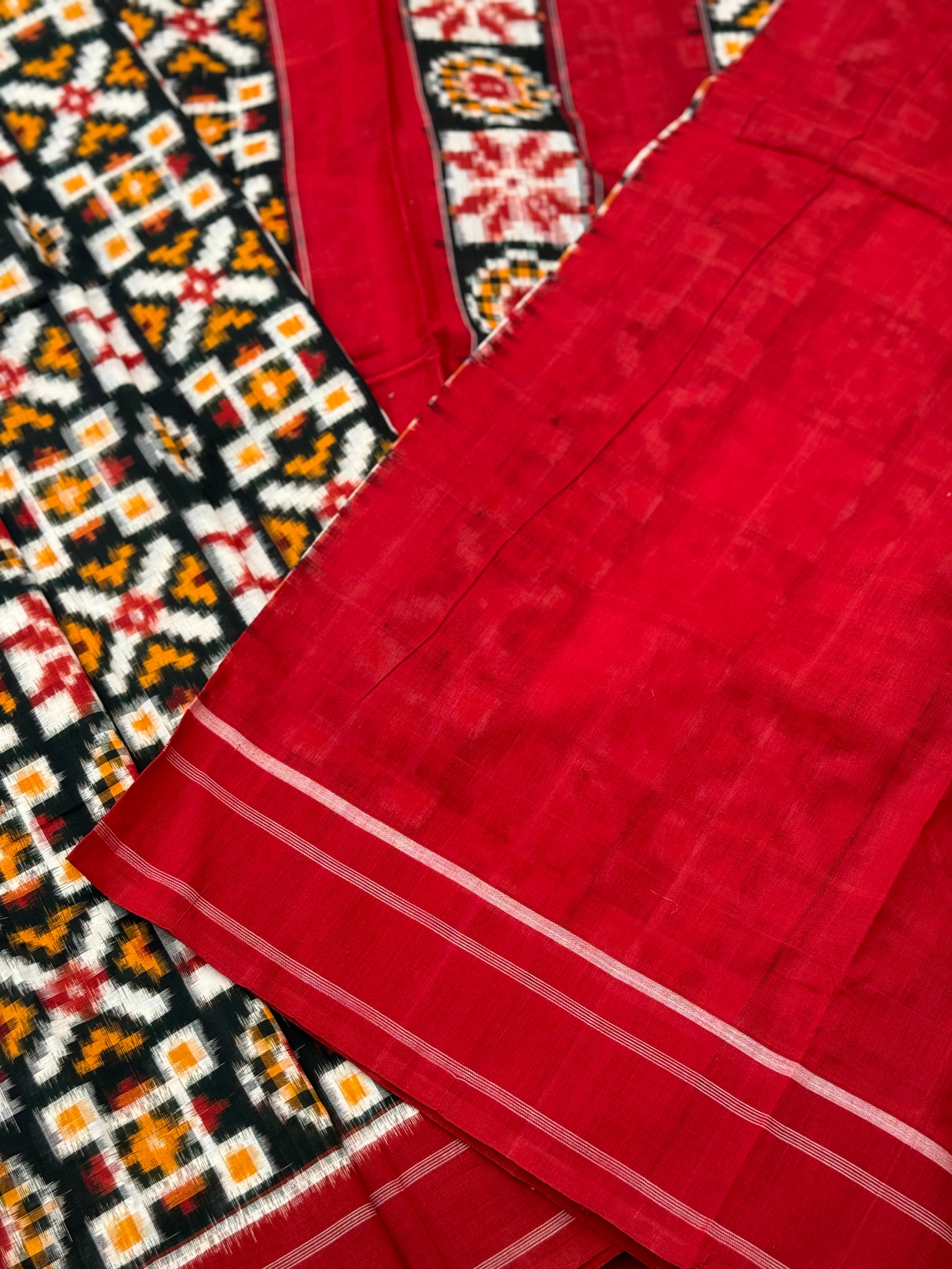 Green red yellow Telia Rumal double ikkat cotton saree