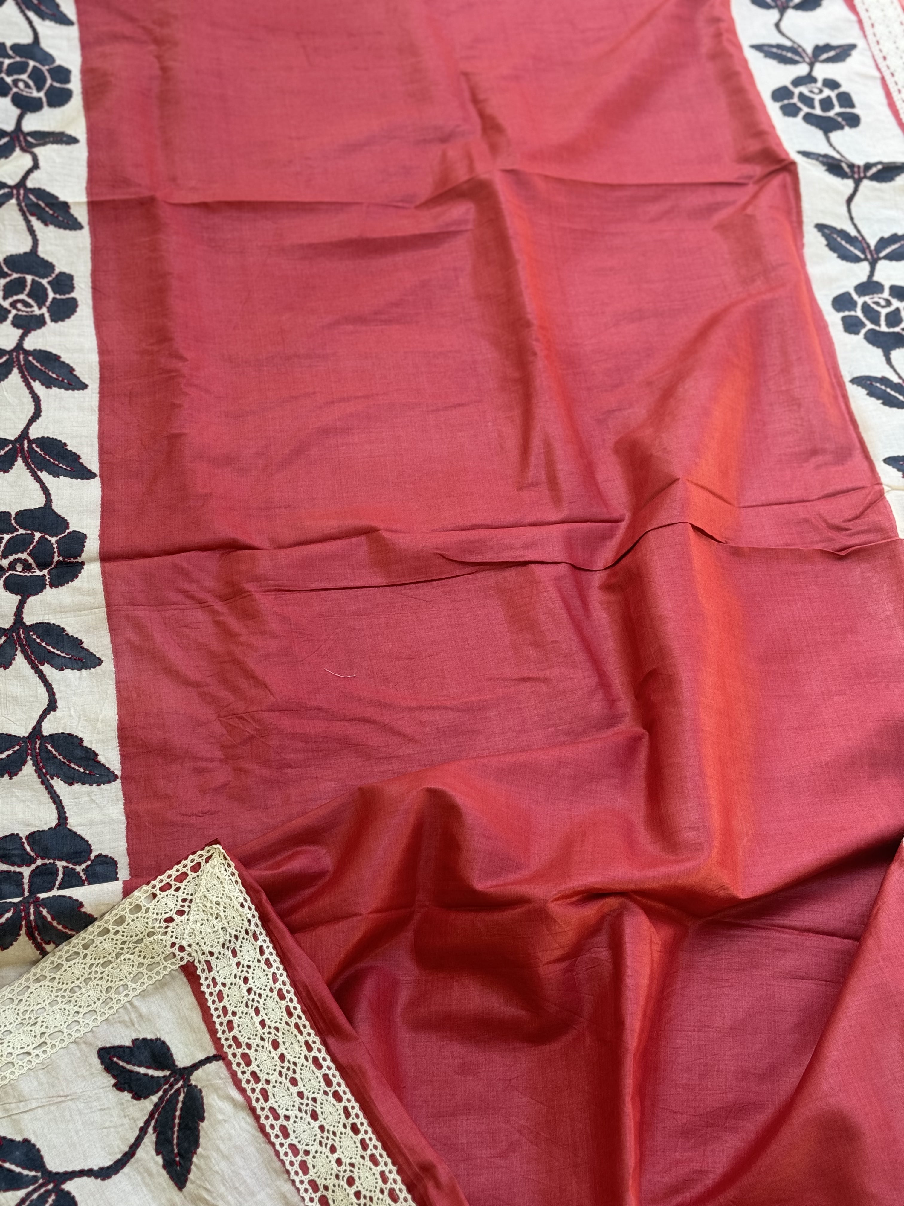 Handblock printed tussar silk saree in red offwhite with Katha work allover the body and pallu