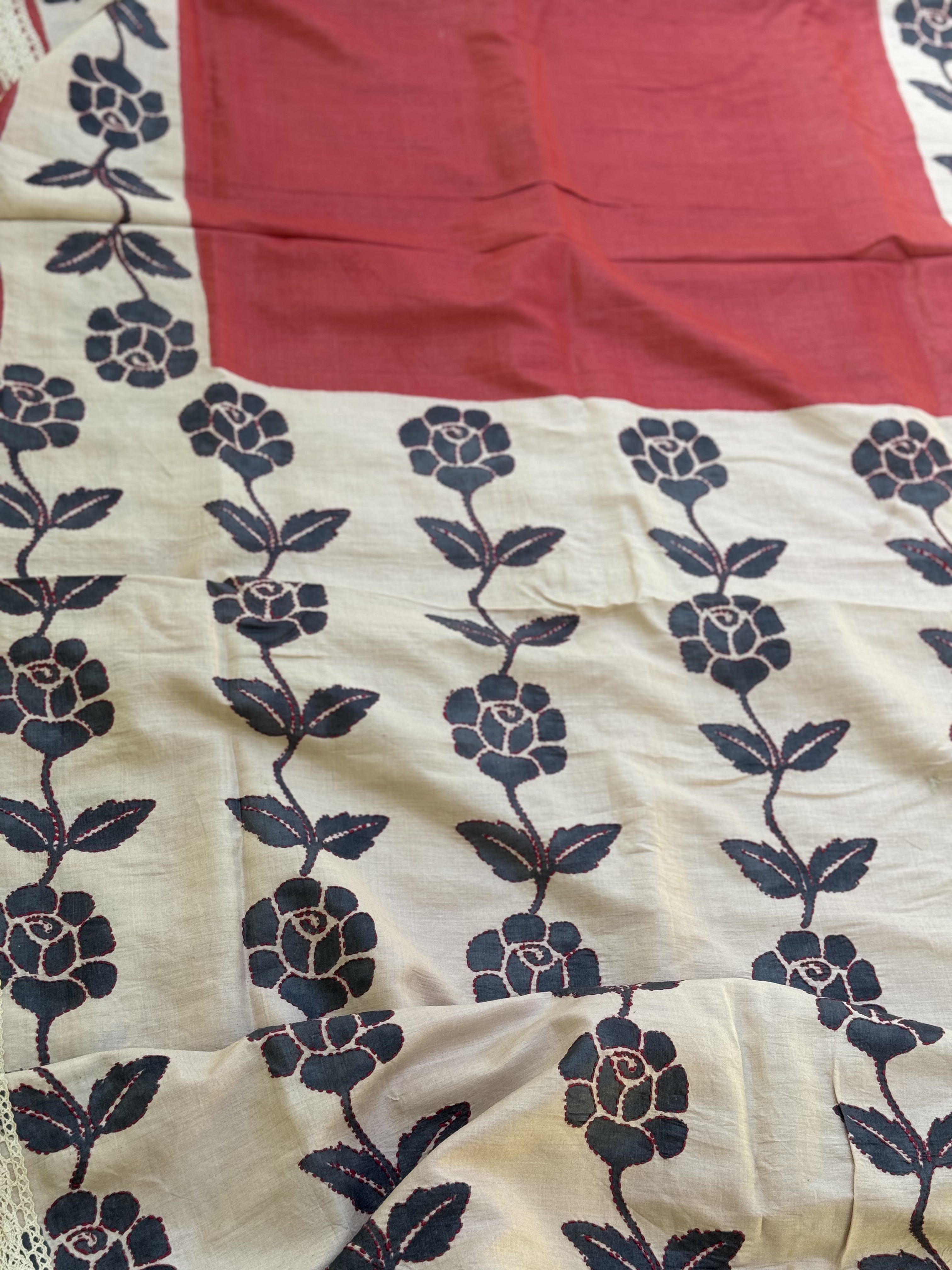 Handblock printed tussar silk saree in red offwhite with Katha work allover the body and pallu