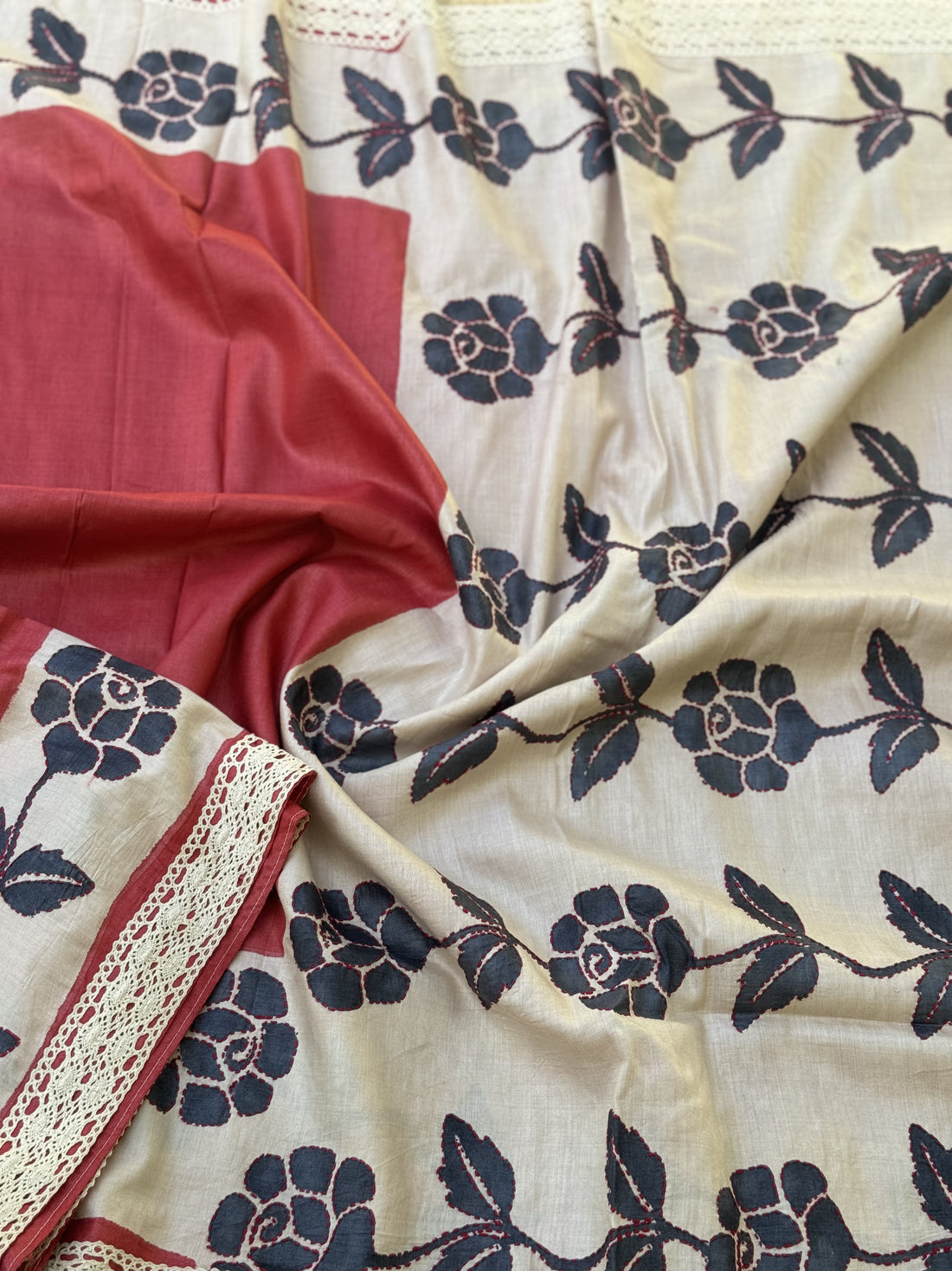 Handblock printed tussar silk saree in red offwhite with Katha work allover the body and pallu