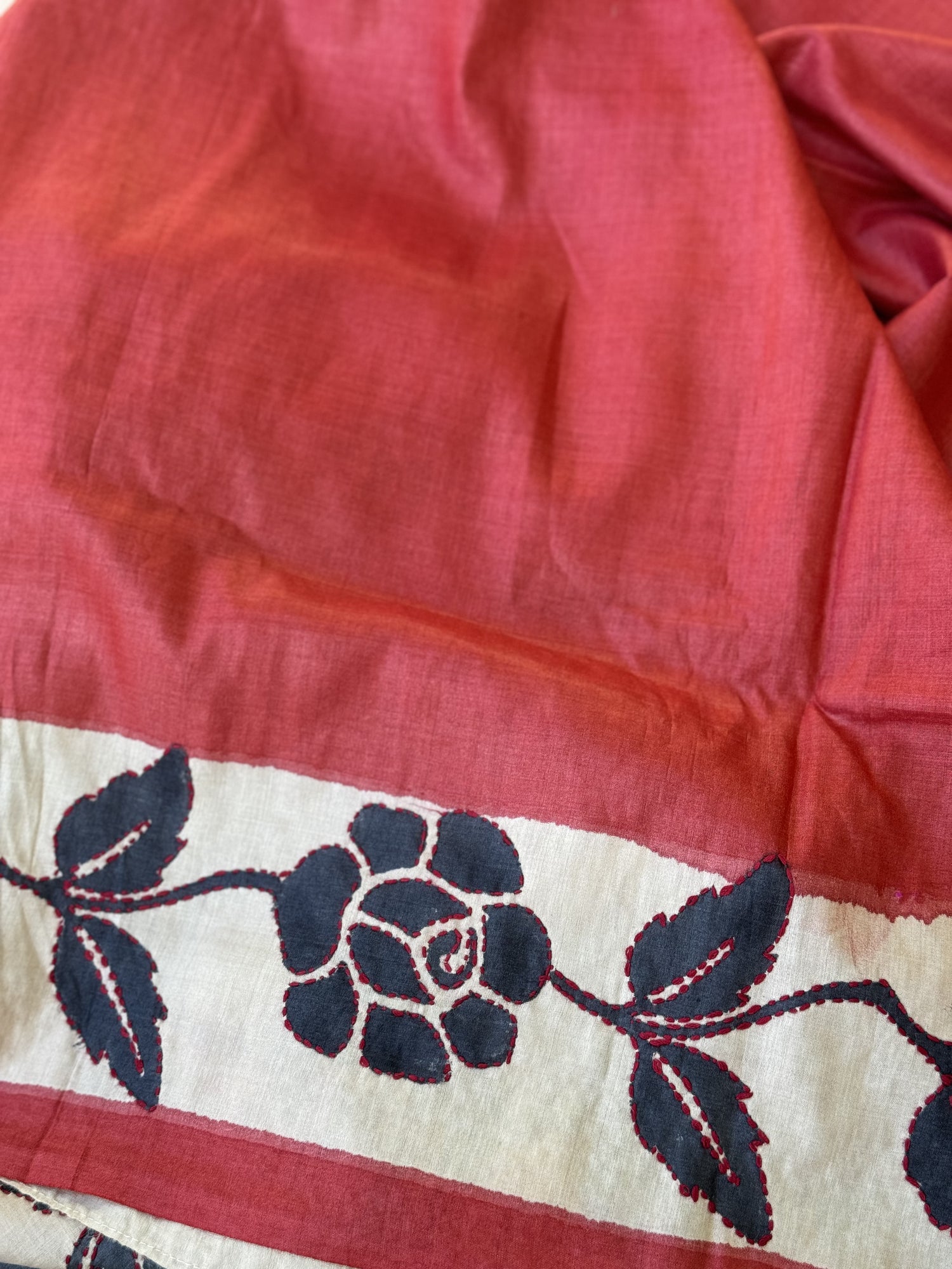 Handblock printed tussar silk saree in red offwhite with Katha work allover the body and pallu