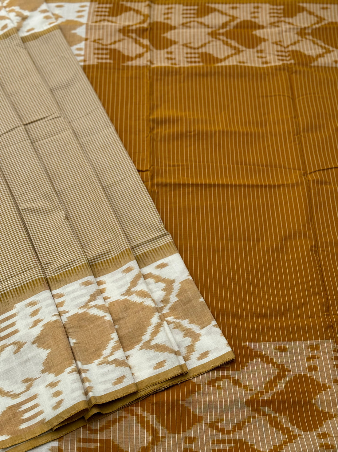 Mustard yellow single ikkat cotton saree