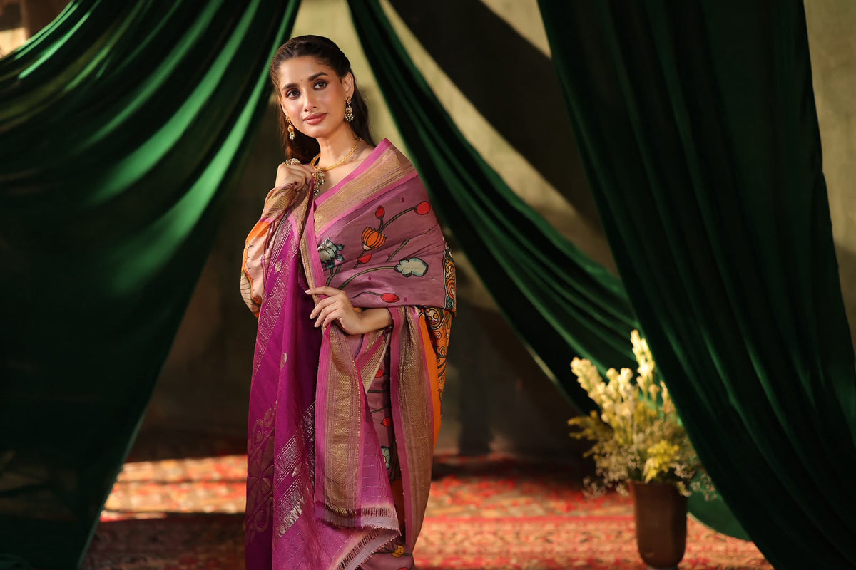 Complete Hand Drawn And Hand Painted Penkalamkari In pastel lavender Paithani Silk Saree with narali border