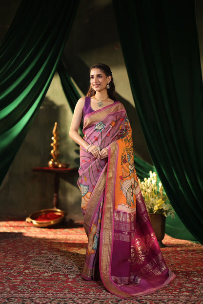 Complete Hand Drawn And Hand Painted Penkalamkari In pastel lavender Paithani Silk Saree with narali border