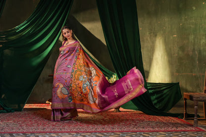 Complete Hand Drawn And Hand Painted Penkalamkari In pastel lavender Paithani Silk Saree with narali border