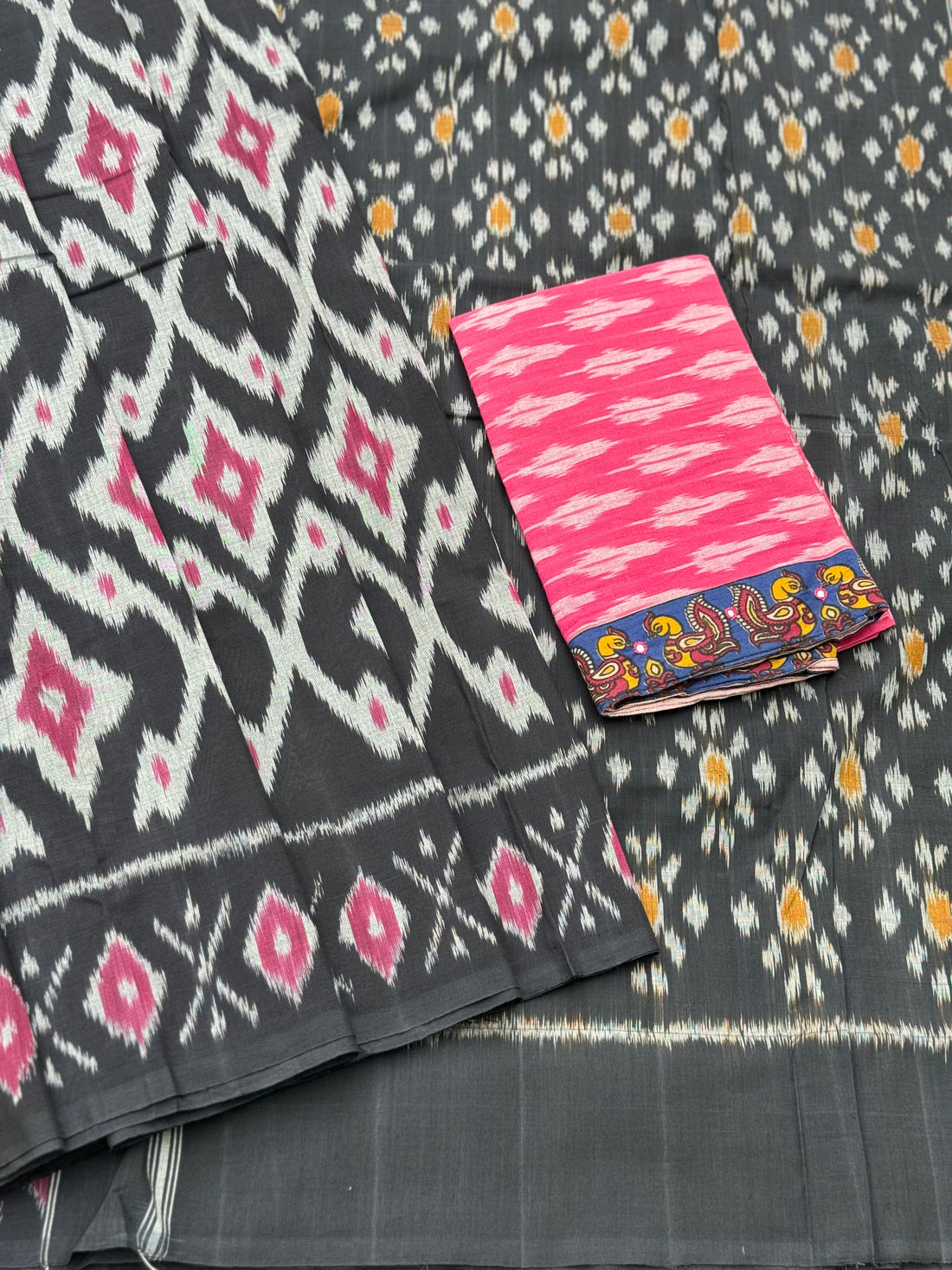 Black and pink weft single ikkat cotton saree