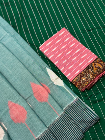Teal green white handwoven weft single ikkat cotton saree