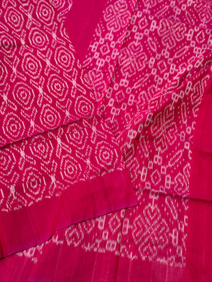 Raspberry pink with white handwoven weft single ikkat cotton saree