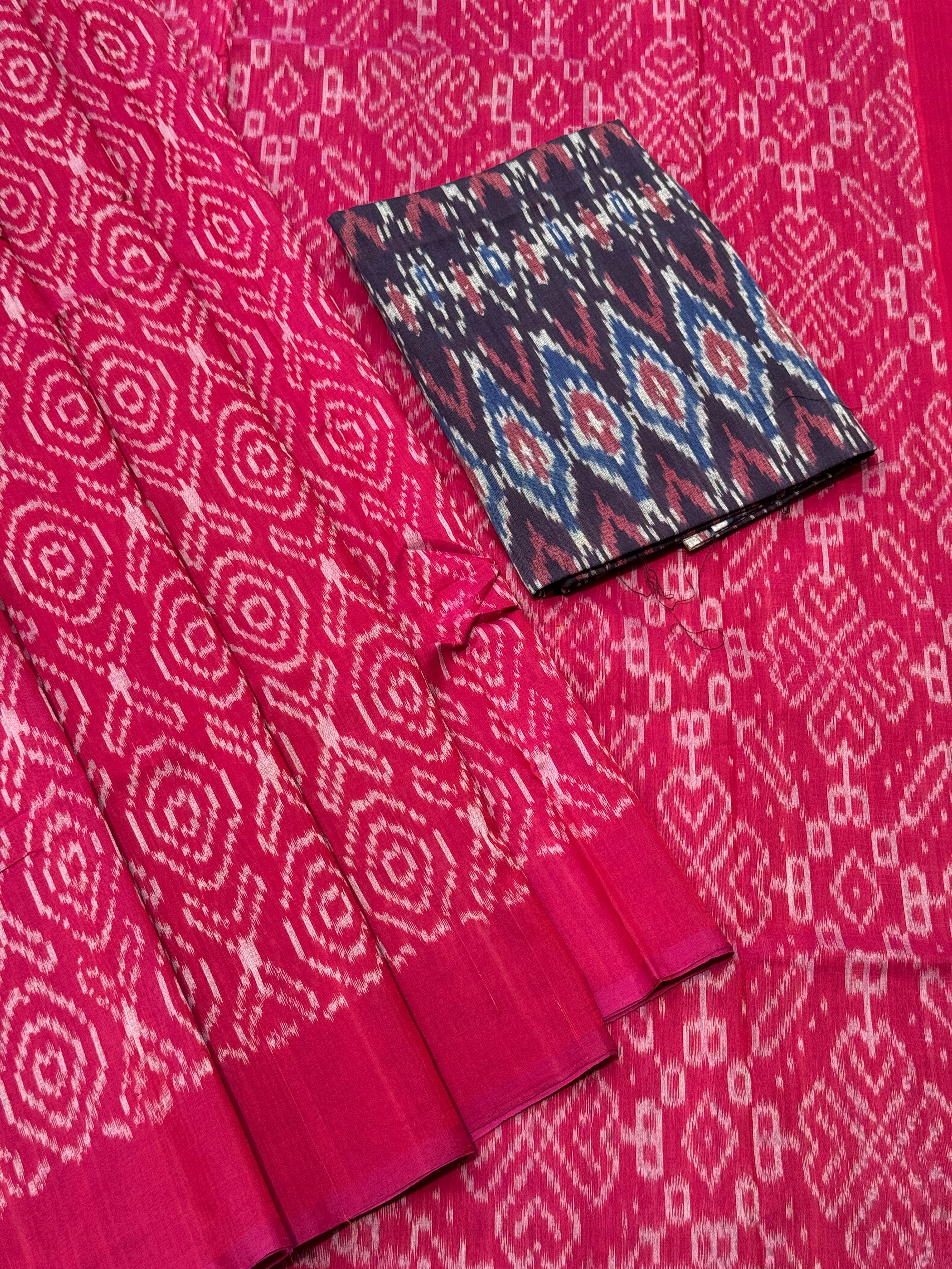 Raspberry pink with white handwoven weft single ikkat cotton saree