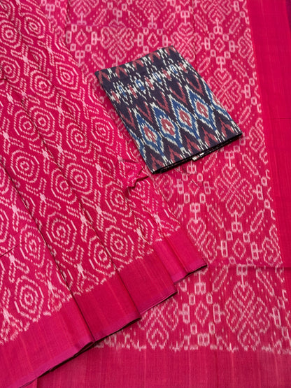 Raspberry pink with white handwoven weft single ikkat cotton saree
