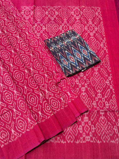 Raspberry pink with white handwoven weft single ikkat cotton saree