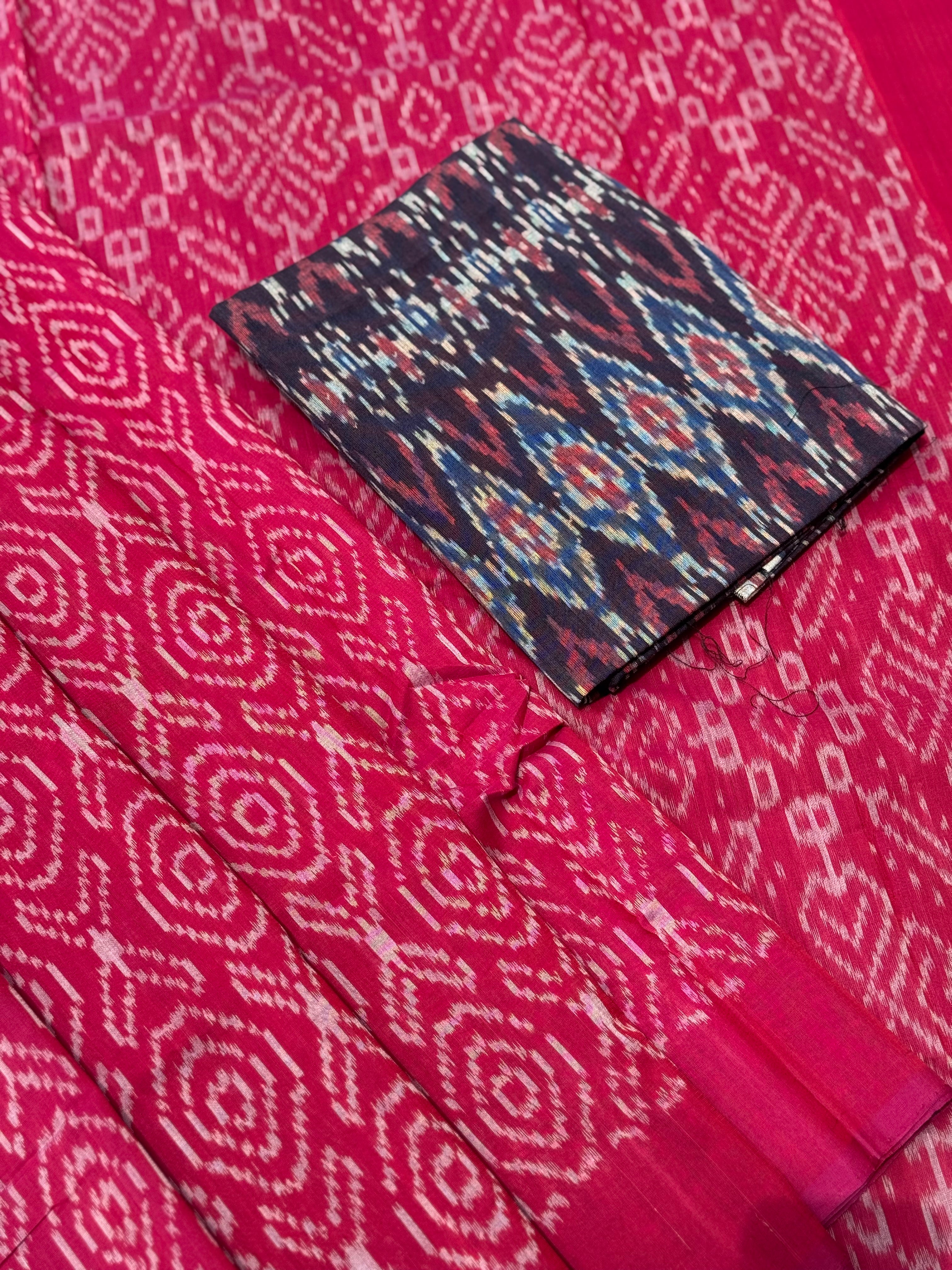 Raspberry pink with white handwoven weft single ikkat cotton saree