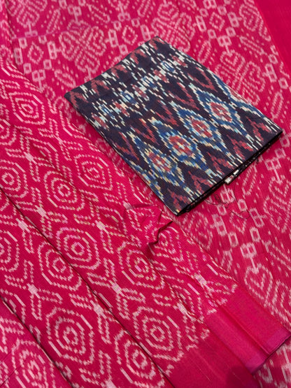 Raspberry pink with white handwoven weft single ikkat cotton saree