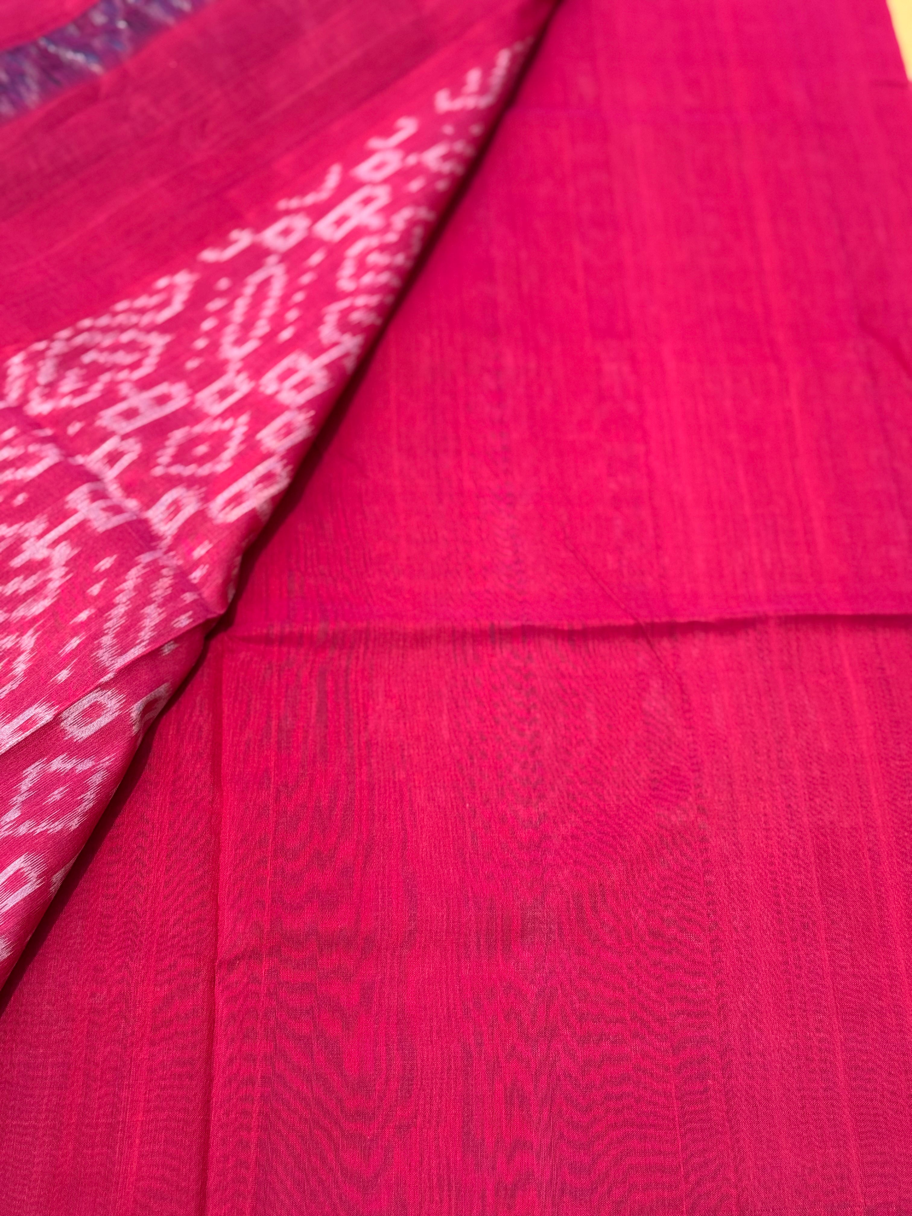 Raspberry pink with white handwoven weft single ikkat cotton saree