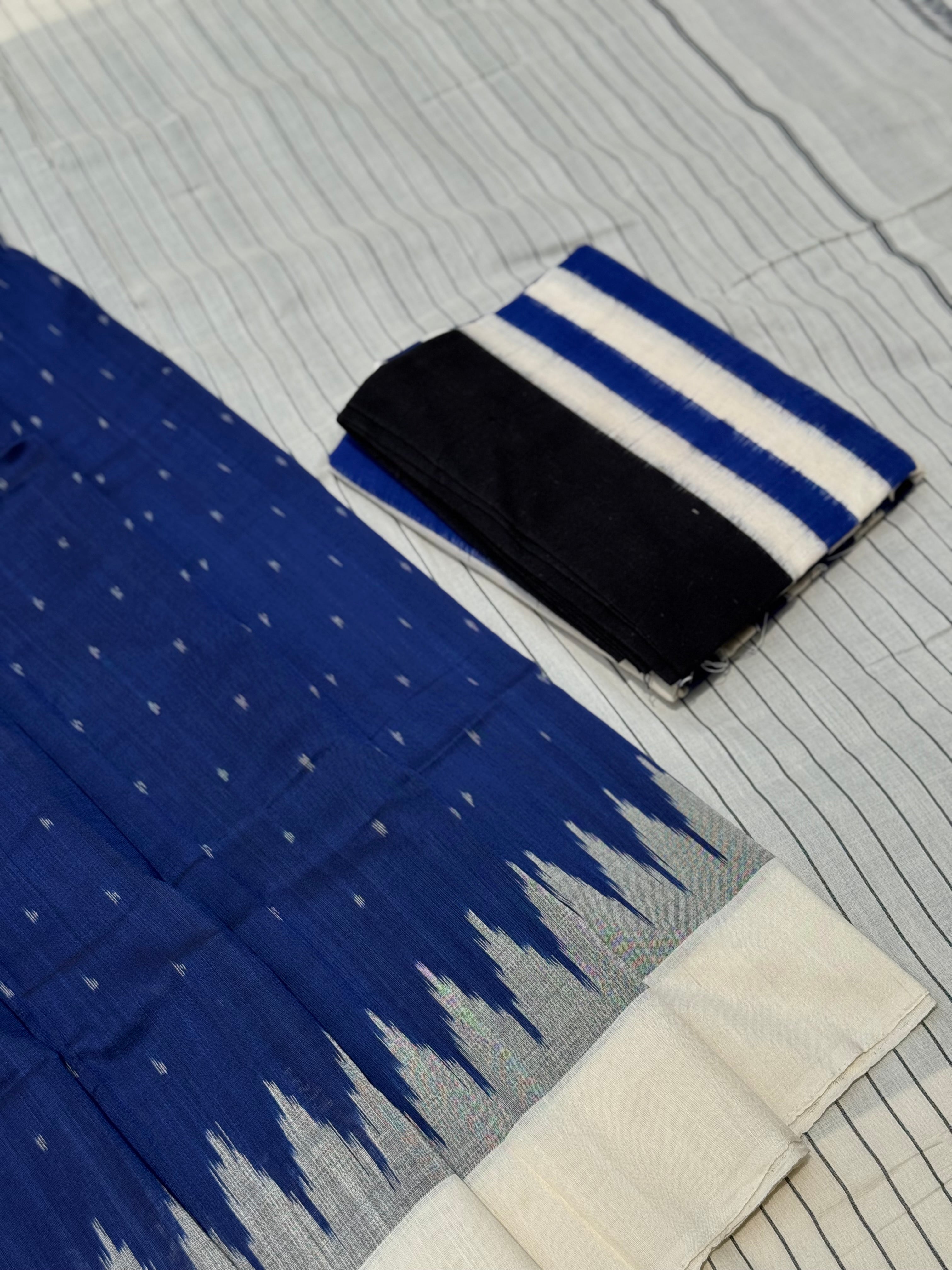 Navy blue with white handwoven weft single ikkat cotton saree