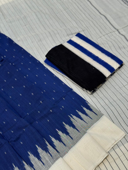 Navy blue with white handwoven weft single ikkat cotton saree