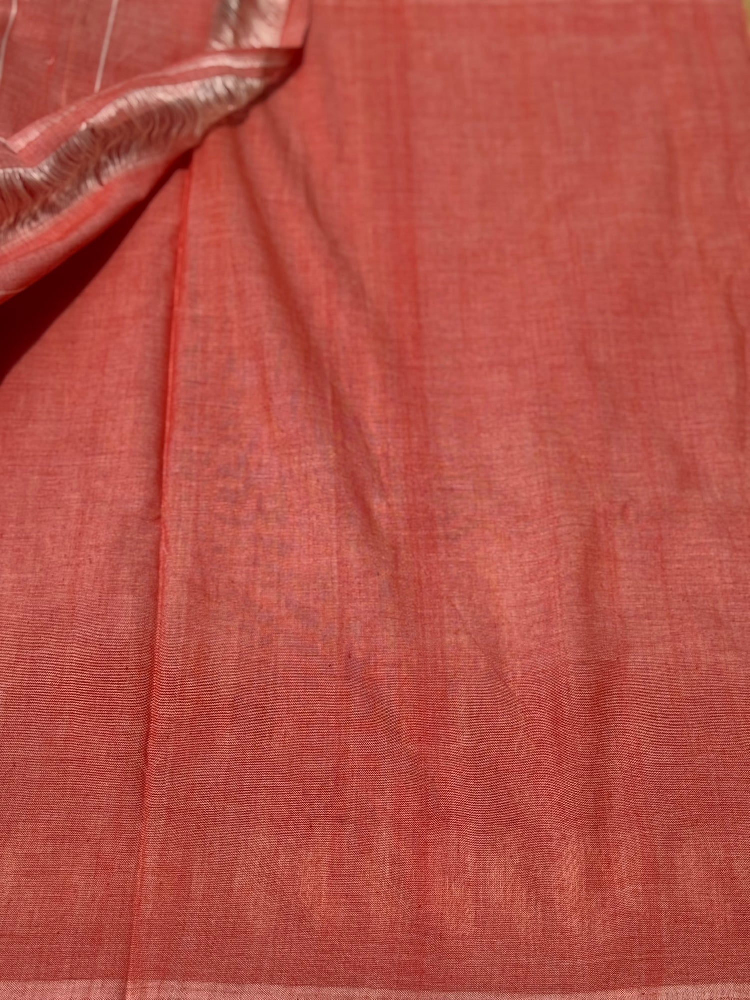 Peach orange with white handwoven weft single ikkat cotton saree
