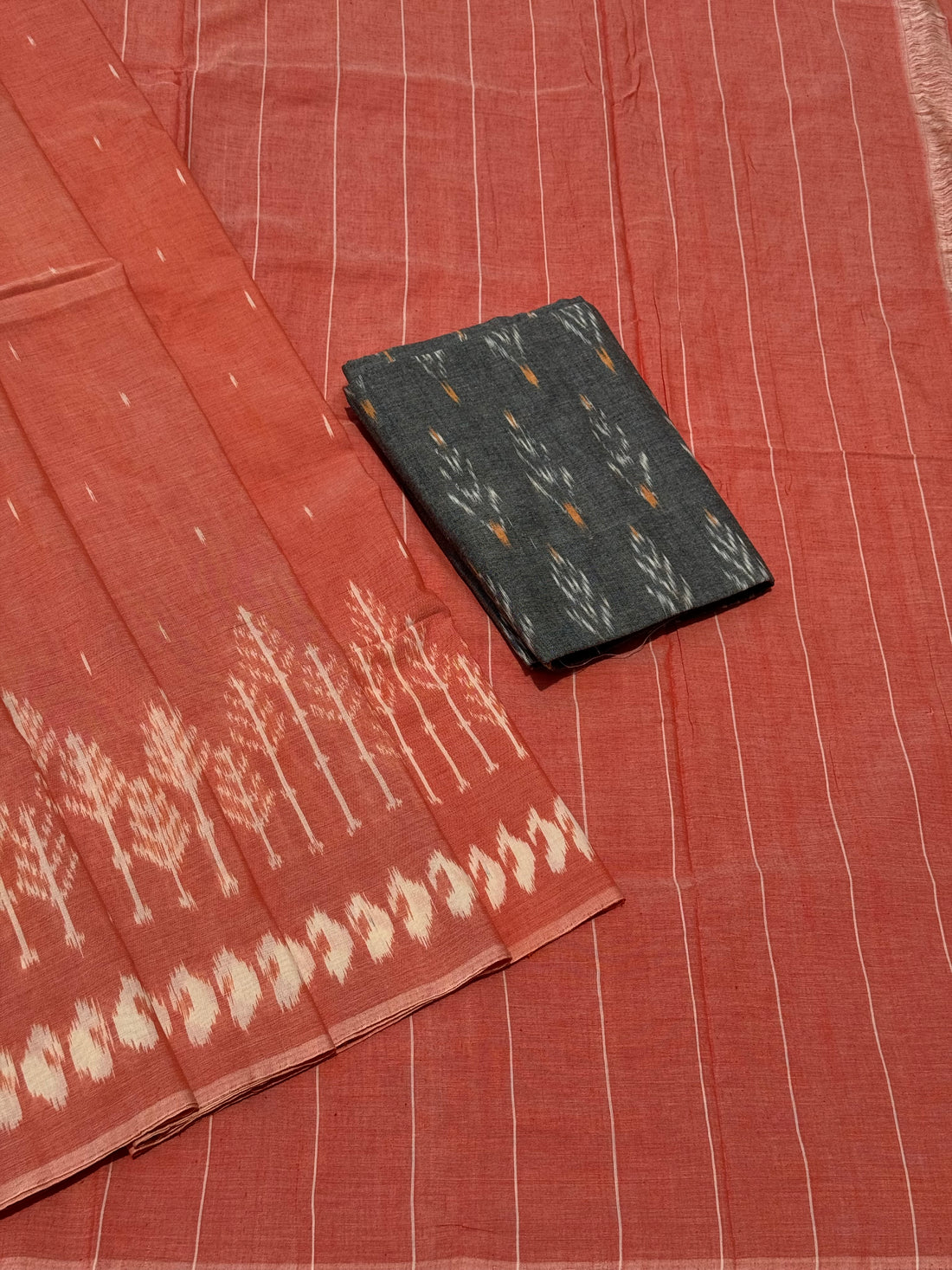 Peach orange with white handwoven weft single ikkat cotton saree