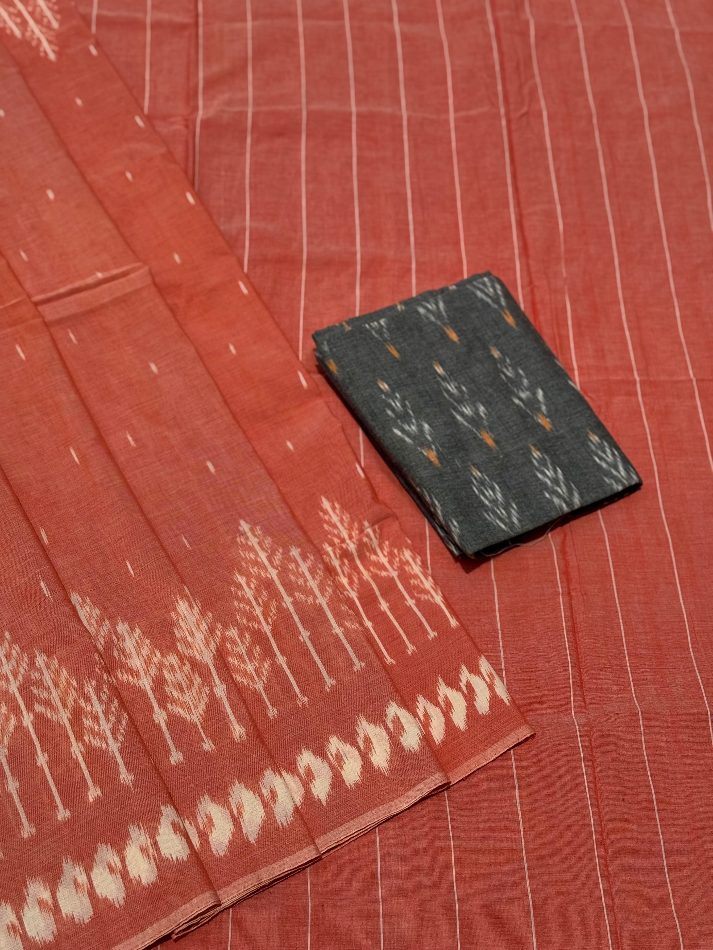 Peach orange with white handwoven weft single ikkat cotton saree