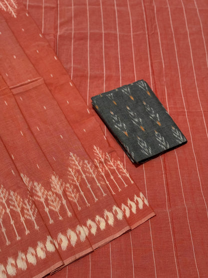 Peach orange with white handwoven weft single ikkat cotton saree