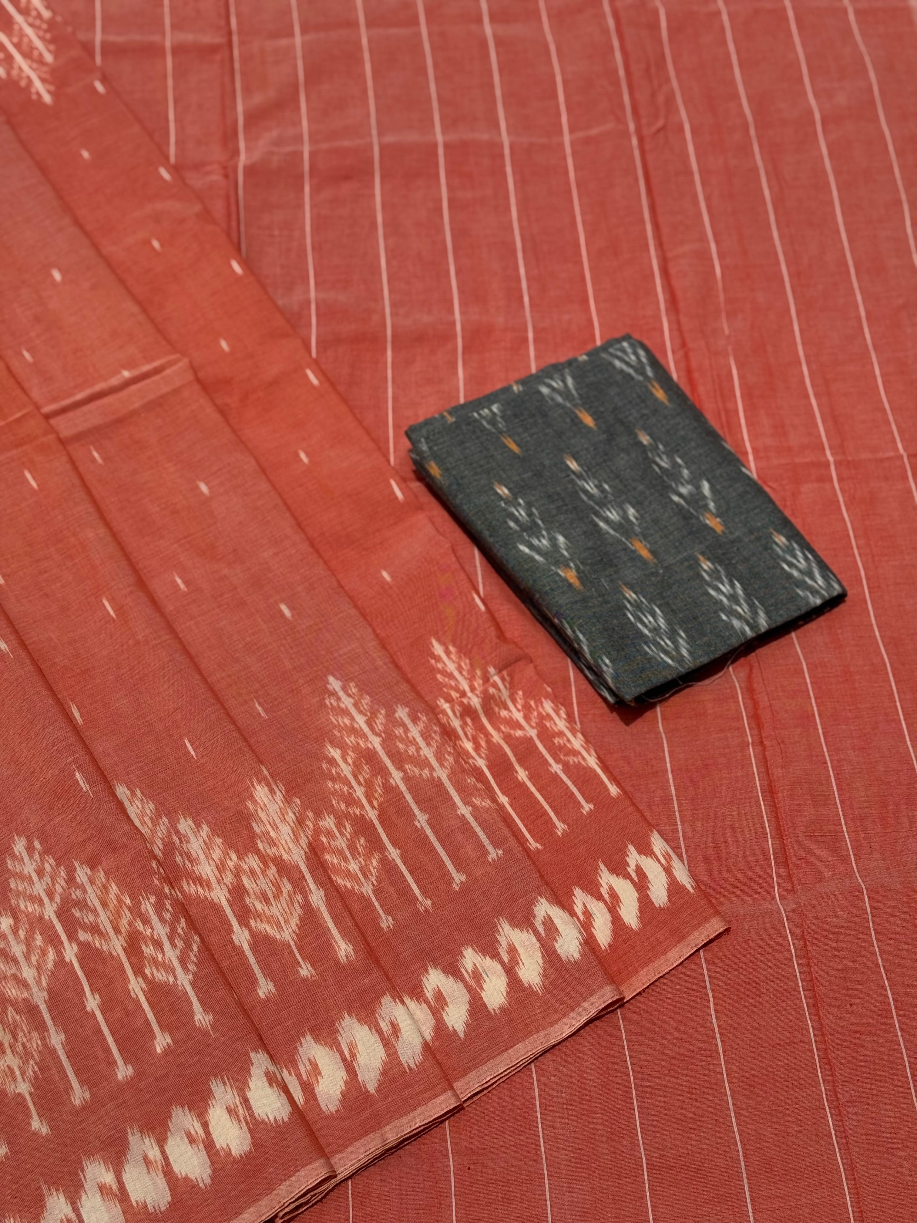 Peach orange with white handwoven weft single ikkat cotton saree