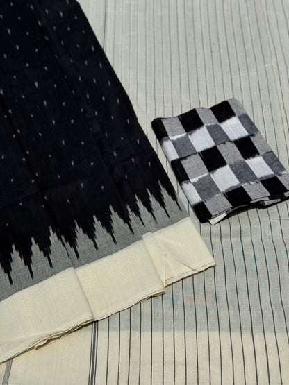 Stark black with white handwoven weft single ikkat cotton saree