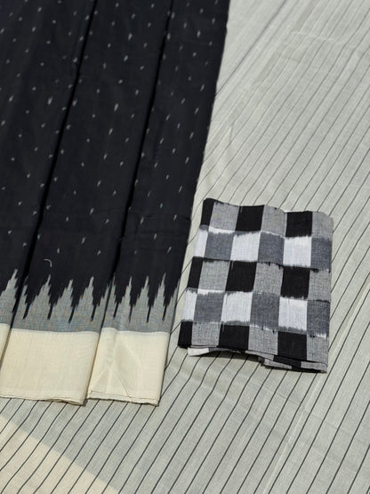 Stark black with white handwoven weft single ikkat cotton saree