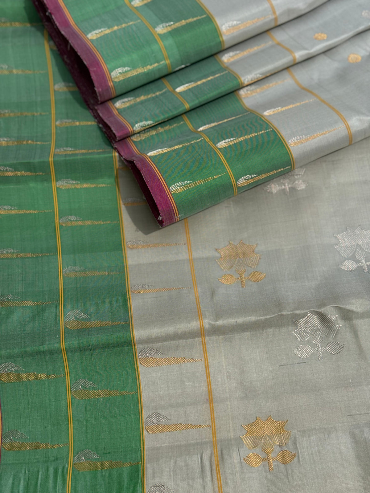 Handwoven triple muniya border inspired kuttu gadwal silk saree