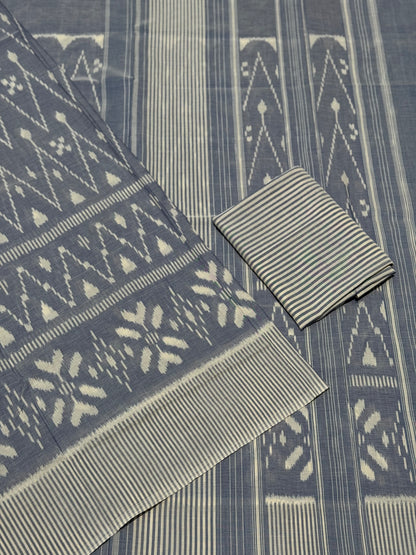 Ivory with powder blue handwoven weft single ikkat cotton saree
